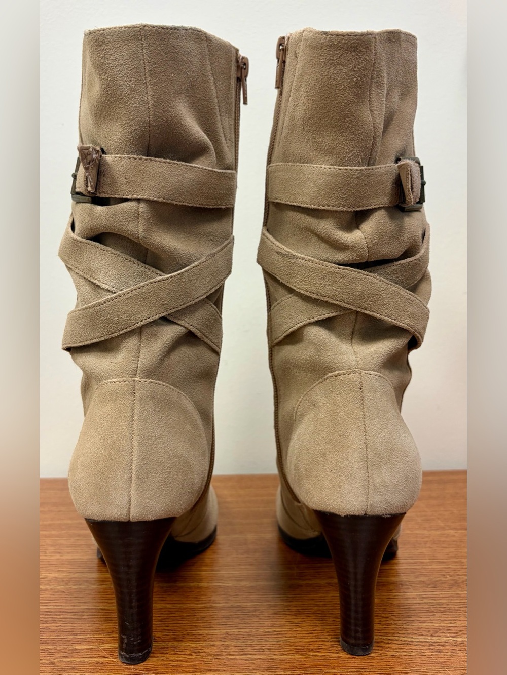 Kelly & Katie Vida Mid Calf Slouchy Leather Suede Heeled Boots Tan Round Toe 9 - Picture 9 of 16
